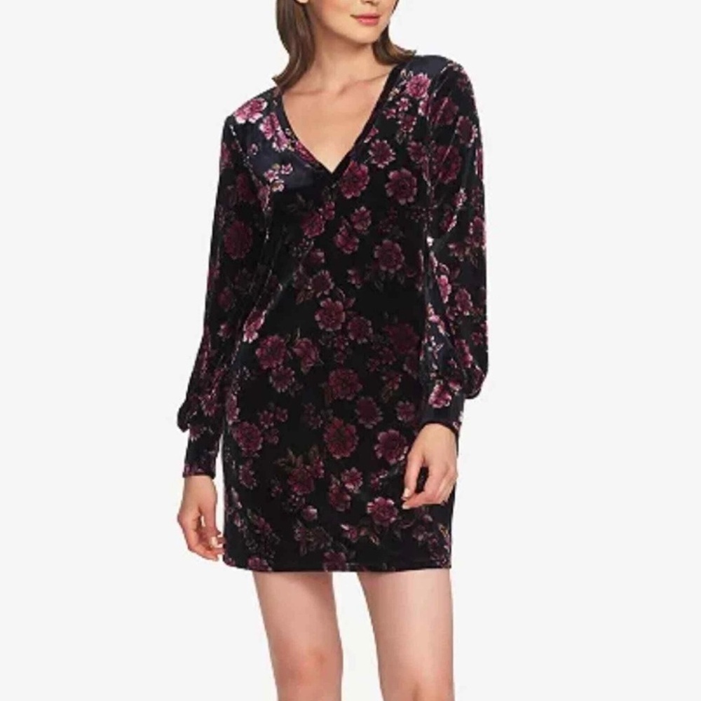 1.State Velvet Blouson Vneck Long Sleeve Dress In Midnight Blue Small NWT